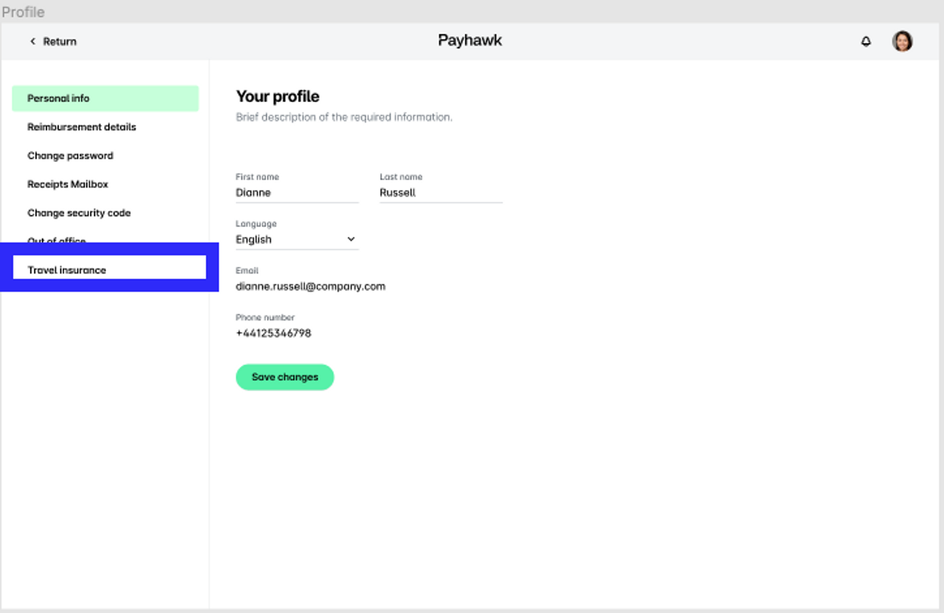 Obtener un seguro EEE gratuito con Payhawk: una captura de pantalla del panel de control